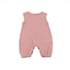 Summer Sleeveless Hot Sale Baby Romper With Two Pockets Pink Plain Dyed Baby Girls Romper