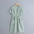 ORHYME Cotton and linen French niche dress over the knee women's v-neck tie plaid skirt