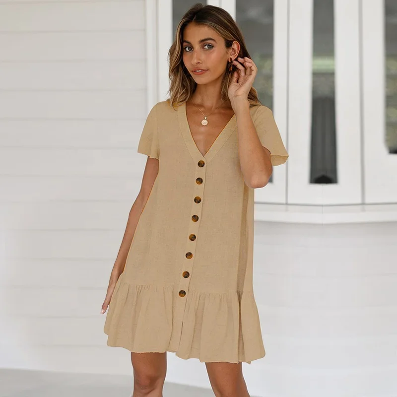 2019 womens clothes summer fashion single-breast sexy deep V neck cotton and linen dress
2019 womens clothes summer fashion single-breast sexy deep V neck cotton and linen dress