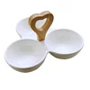 Party snack nut popcorn serving 3 compartment round ceramic fancy bowl with wooden handle