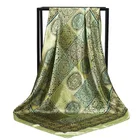 Factory custom Geometry Totem 90*90 square green Polyester muslim satin hijab scarf for women stylish