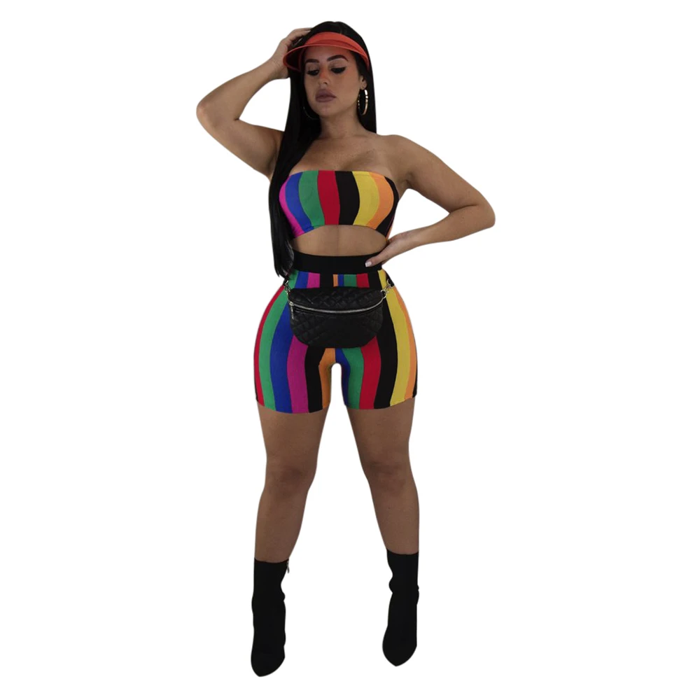 2019 Fashion Sexy Colorful Rainbow Stripe Beachwear womens two piece short set 
2019 Fashion Sexy Colorful Rainbow Stripe Beachwear womens two piece short set