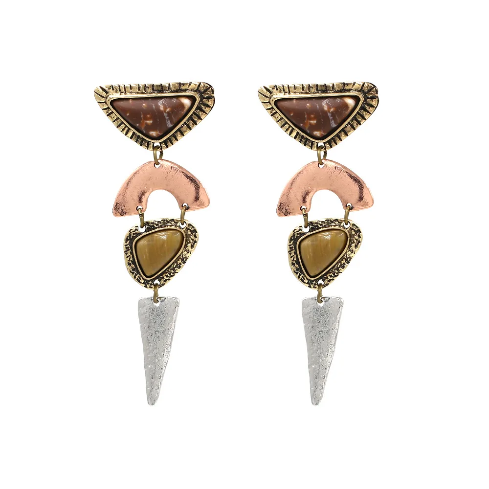 

2019 ZA Newest Pink Splicing Triangle Metal Big Stone Drop Earrings Women Bohemia Vintage Ethnic Jewelry Earrings (KER258), Same as the picture