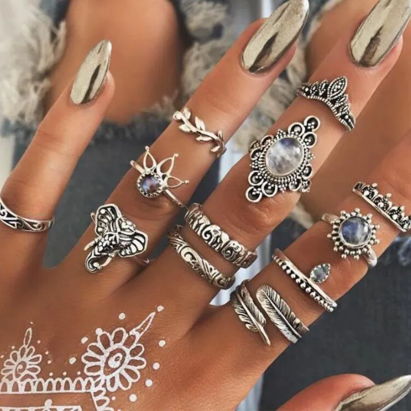 

12PCS Bohemia Knuckle Finger Ring for Women Antique Elephant Flower Heart Crown Carved Rings Set Jewelry (KR058), Antique gold,antique silver
