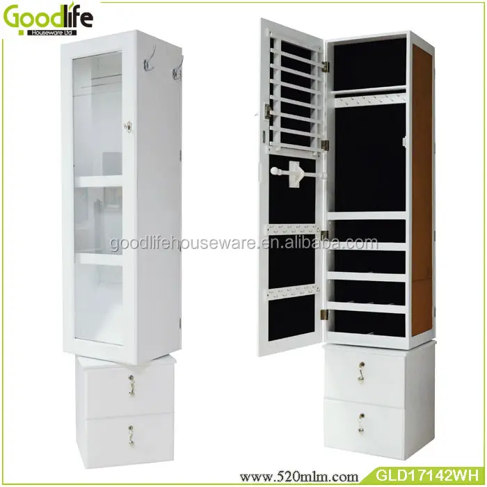 Full Length Wooden Rotating Mirror Jewelry Cabinet With Drawers