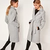 Fashion Women Grey Belted Tailored Faux Wool Coat With Pockets