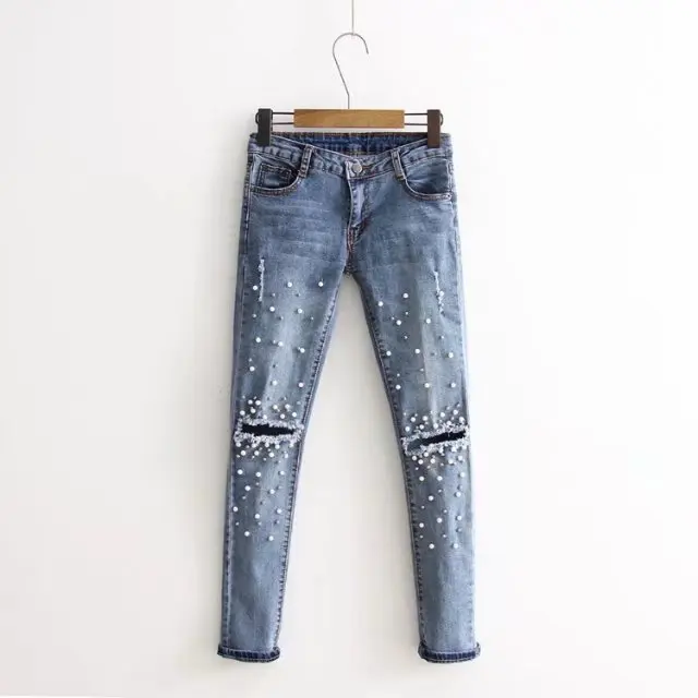 New Arrival Customized Knitted Denim Washed Women Pearl Embroidery Pants, Picture show
New Arrival Customized Knitted Denim Washed Women Pearl Embroidery Pants, Picture show