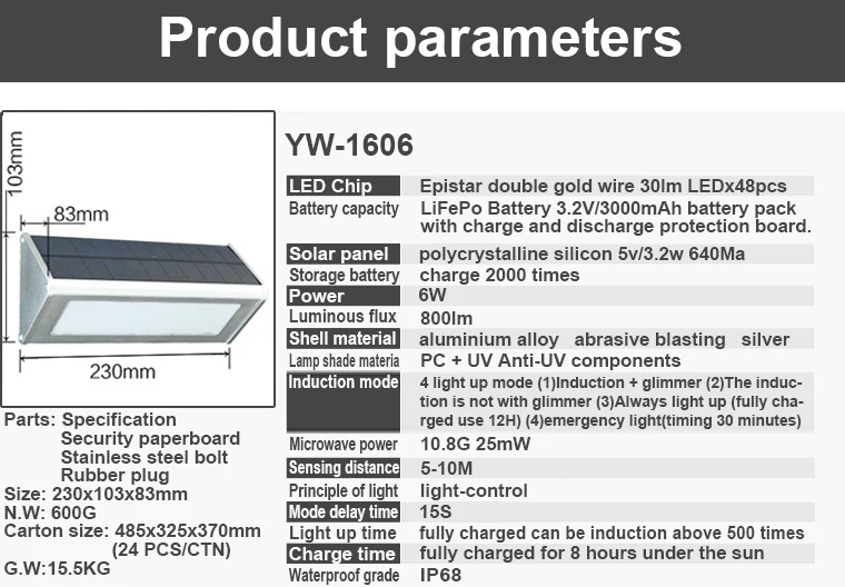 Hot Sale IP65 Waterproof Garden Night Light 6W Motion Sensor Solar LED Outdoor Wall Light