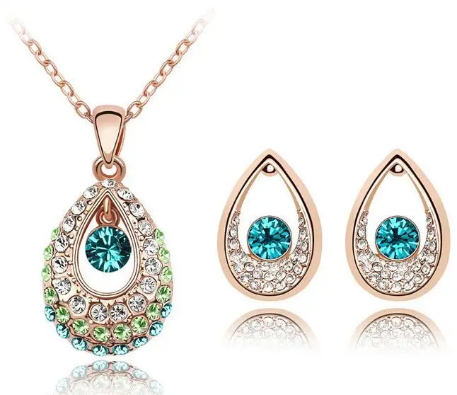 Teardrop crystal gold jewellery set Peacock feathers crystal necklace earring set free shipping
Teardrop crystal gold jewellery set Peacock feathers crystal necklace earring set free shipping