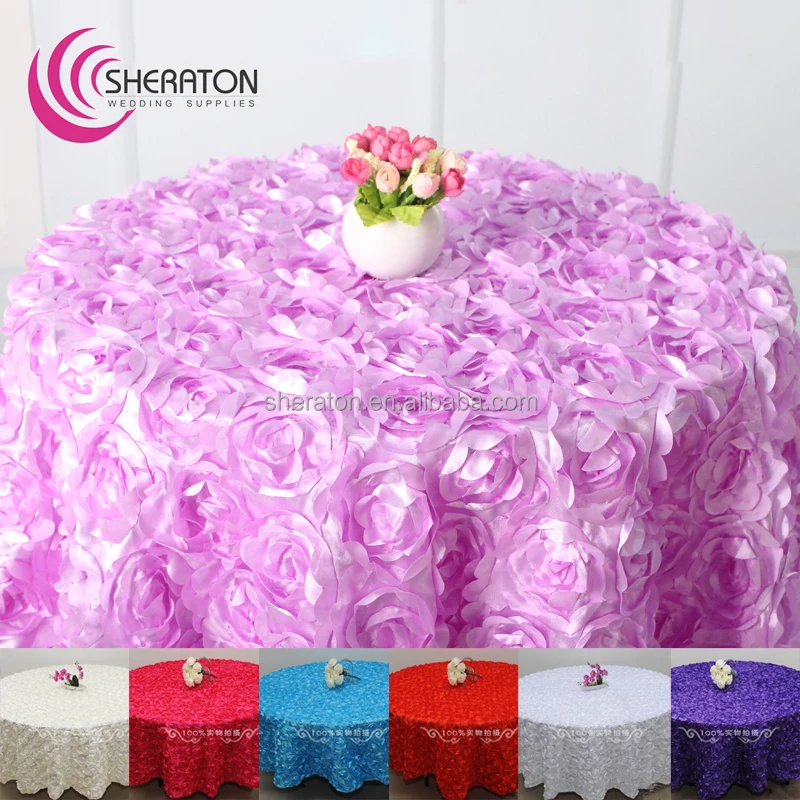 Factory price Polyester satin rosette table cloth for wedding cake table pink purple damask tablecloth