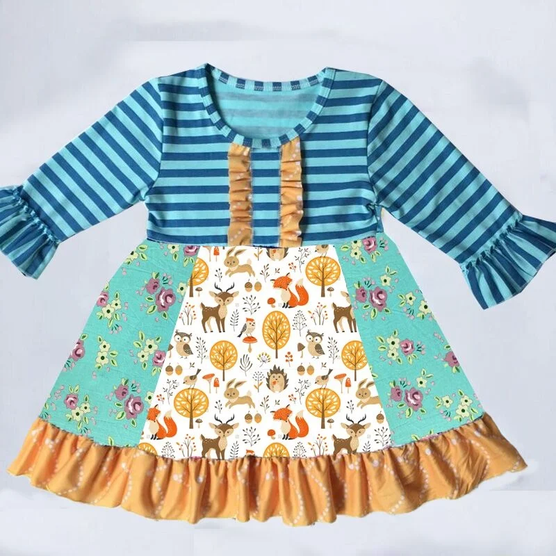 Envío rápido de 2 a 3 días para nosotros venado zorro búho de impresión de los niños de primavera maxi ropa vestido nuevo para otoño