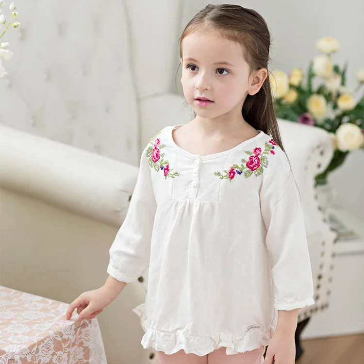 Hot sale fashion national style clothes embroidery clothing for girls white blouse kids shirt