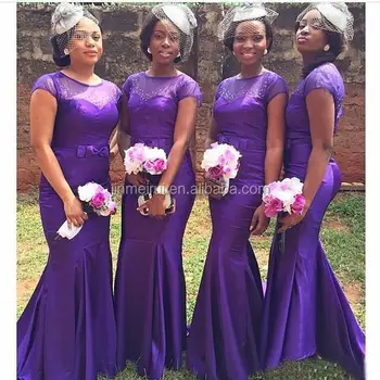 African Style Purple Mermaid Bridesmaid Dresses Sheer Neck Crystal