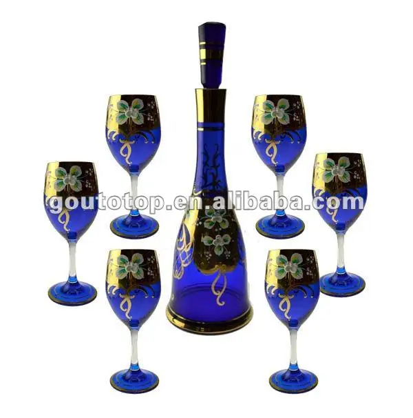Eco - friendly blue material wine gold plated glassware set