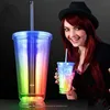 Double Wall plastic Straw Mug With LED,16OZ clear AS LED Tumblers for party