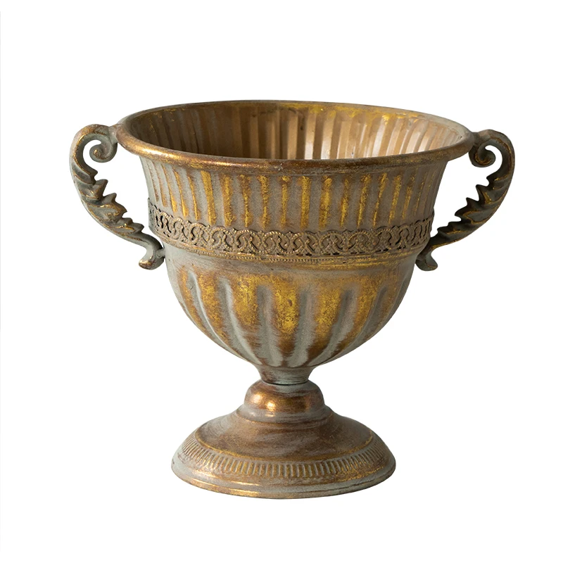 Деревенский золотой большой цветок металлическая ваза античный металлический цветок ваза с ручкой