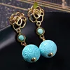 Guangzhou Wholesale Price Italian handmade silver natural turquoise engraved ball shaped Fancy pendant Earring Designer