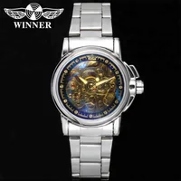 

Skeleton Mechanical Watches Men Stainless Steel Gold Bracelet Automatic Watch Self-winding Winner Watch Luxury Brand Male Clock