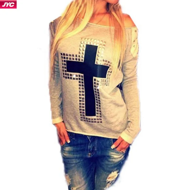 Plus Size 4XL 2015 New Autumn Women Blouses Pullover Long Sleeve Rivet Cross Shirts Loose Big size Tops for Women Blusa Feminina
