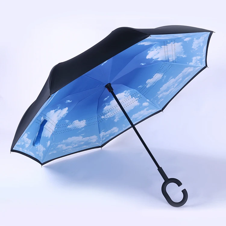 personalized bulk golf umbrella upside down with C hook and double layer canopy design