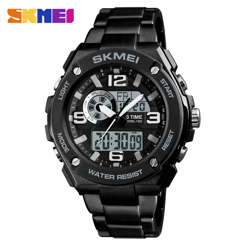 

SKMEI 1333 Men's Fashion Stainless Steel Band Quartz+Digital Dual Display Noctilucent Analog Digital Wrist Watch