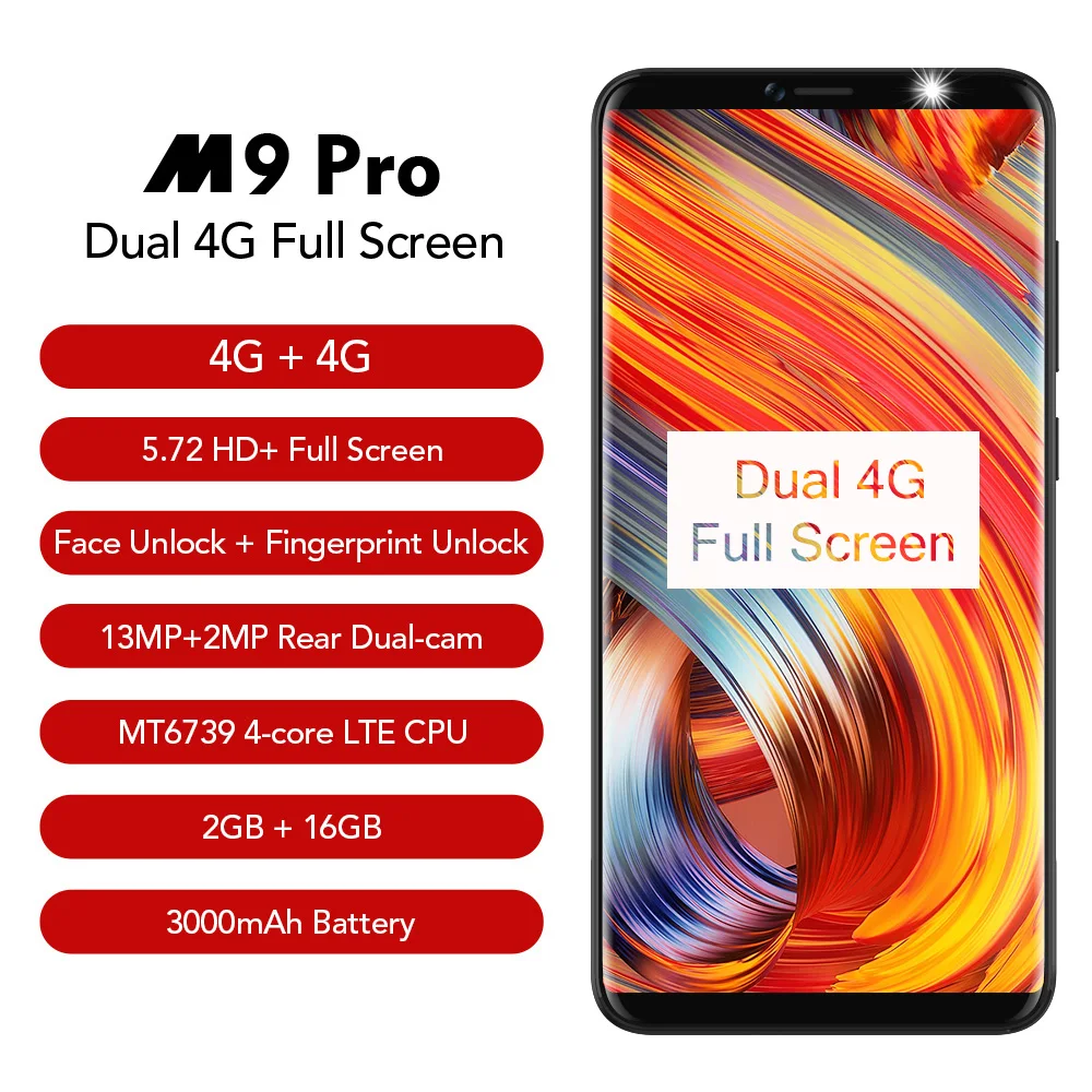 

LEAGOO M9 PRO 4G Smartphone 5.72 18:9 full Screen Android 8.1 MT6739V Quad Core 2GB+16GB 3000 mAh Face Unlock Mobile Phone