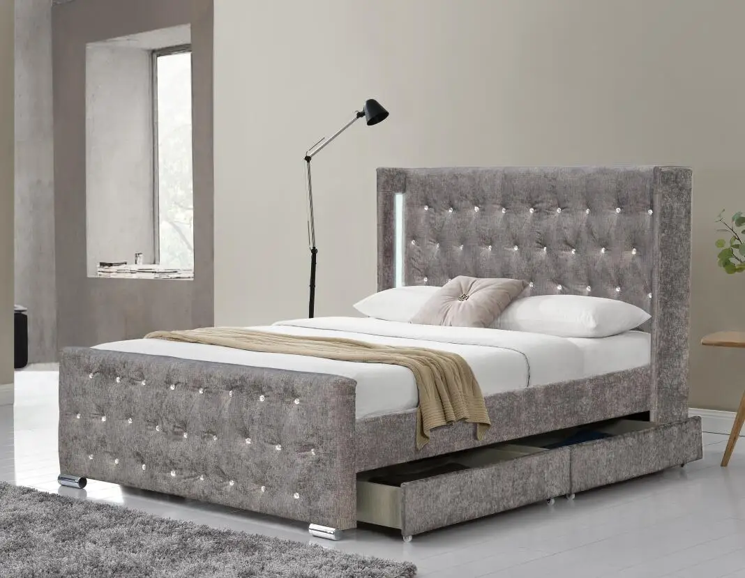 Silver crushed fabric led bed with crystal buttons at cheapest price