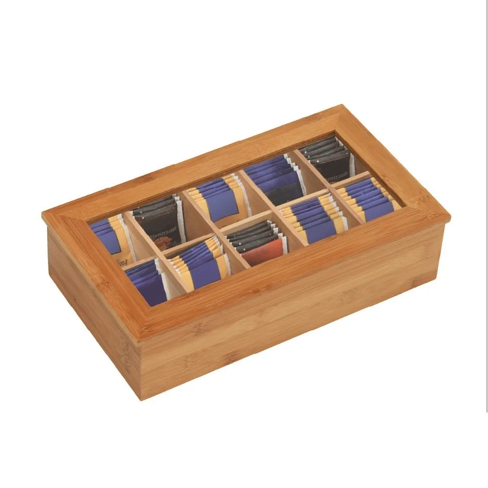 best gift bamboo wooden tea bag compartment caddy box with acrylic lid