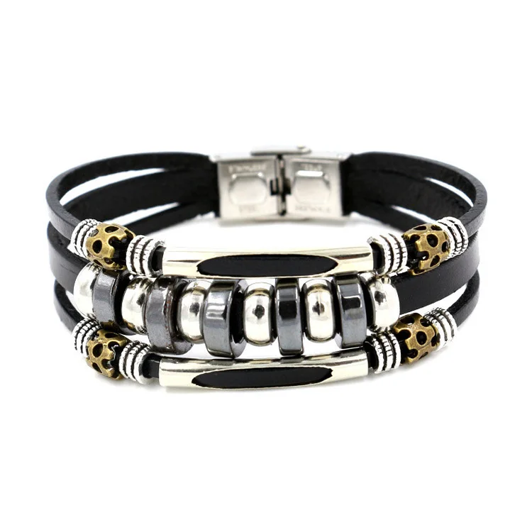 black hematite stone beads stainless steel metal leather bracelet men, Brown, black
black hematite stone beads stainless steel metal leather bracelet men, Brown, black