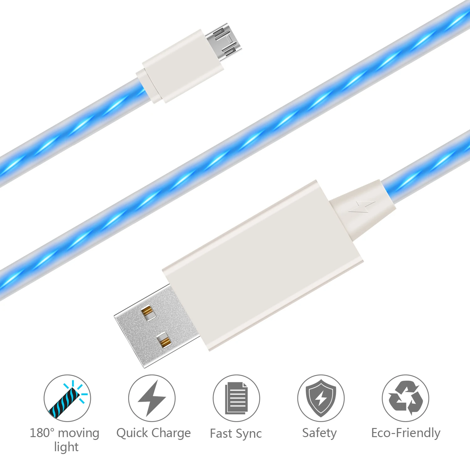 White Visible Flow Led EL Light Micro Usb Sync Data Charge Cable for Android - ANKUX.COM