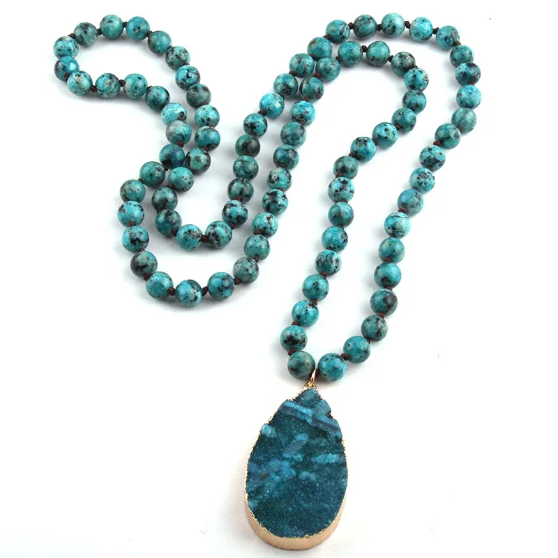 

Fashion Bohemian Tribal Jewelry Stone Long Knotted Druzy Drop Pendant Necklace Women Lariat Necklaces, 4 color