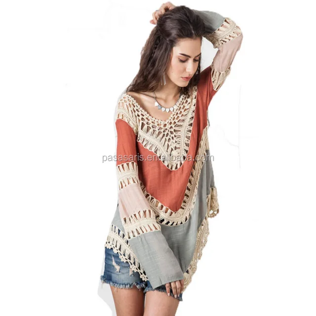 al2810w boho v-neck long sleeve hollow bikini cover up casual