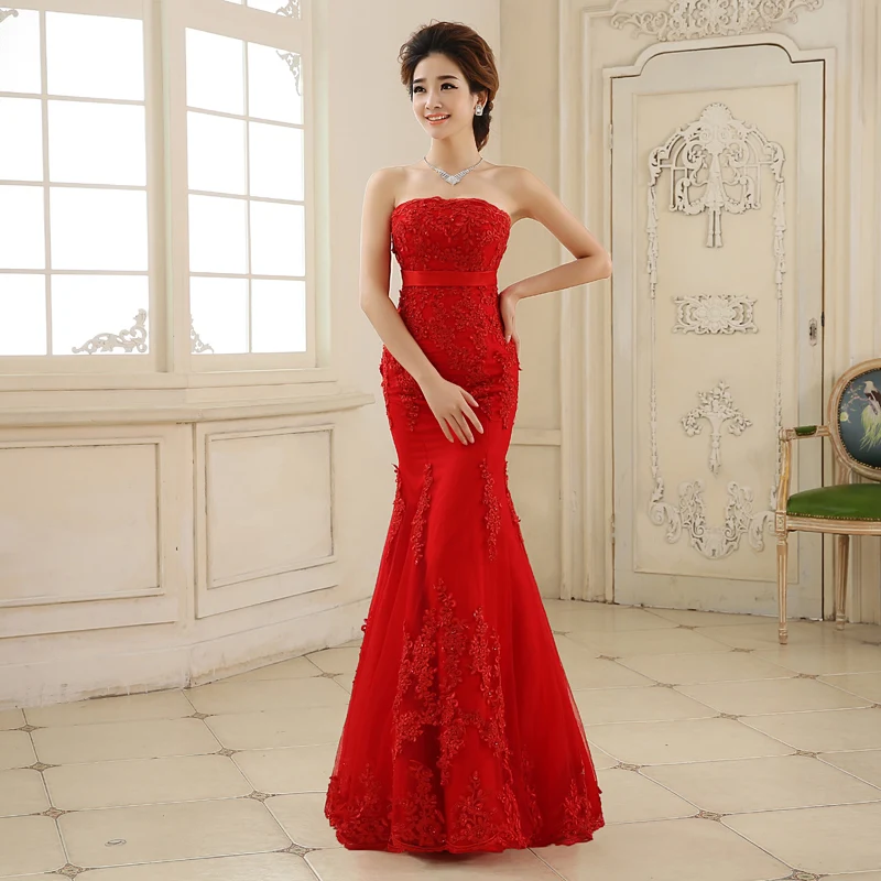 

Quality Sweetheart Women Fish Tail Red Slim Party Dress Mermaid Embroidered Bridal Gown Dresses, N/a