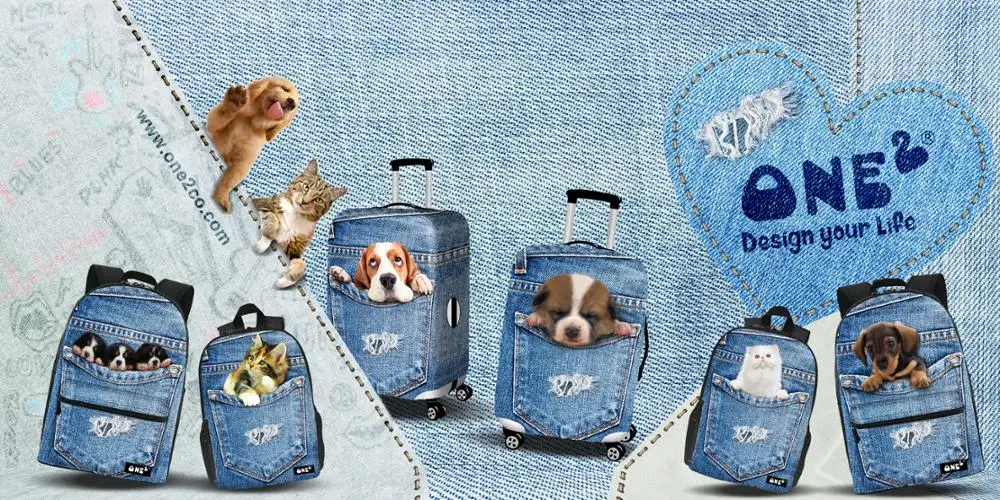 2017 ONE2 design blue denim pocket dog school backpack for girls