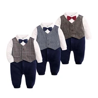 

Hot Sale Long Sleeve Formal Style Gentleman Bow Tie Birthday Party Clothes Outfits Newborn Baby Boys Romper Sets