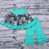 2019 Children casual tiffany blue sleeveless printed T-shirt with Tiffany blue ruffles pants spring kids clothes set wholesale