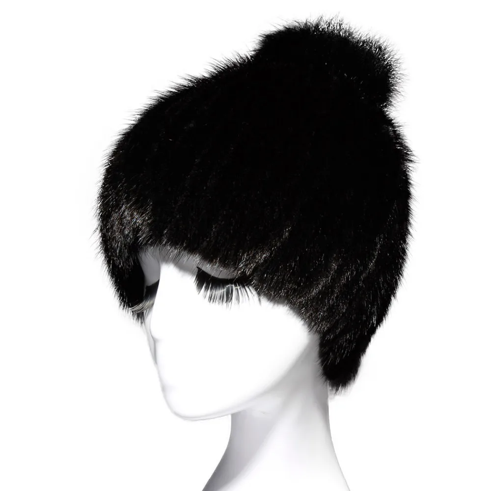 2015 New Real Knit Mink Fur Hat Winter Warm Skullies Ski Cap with Fox Fur pom pom Beanie Hats for Women PB66815