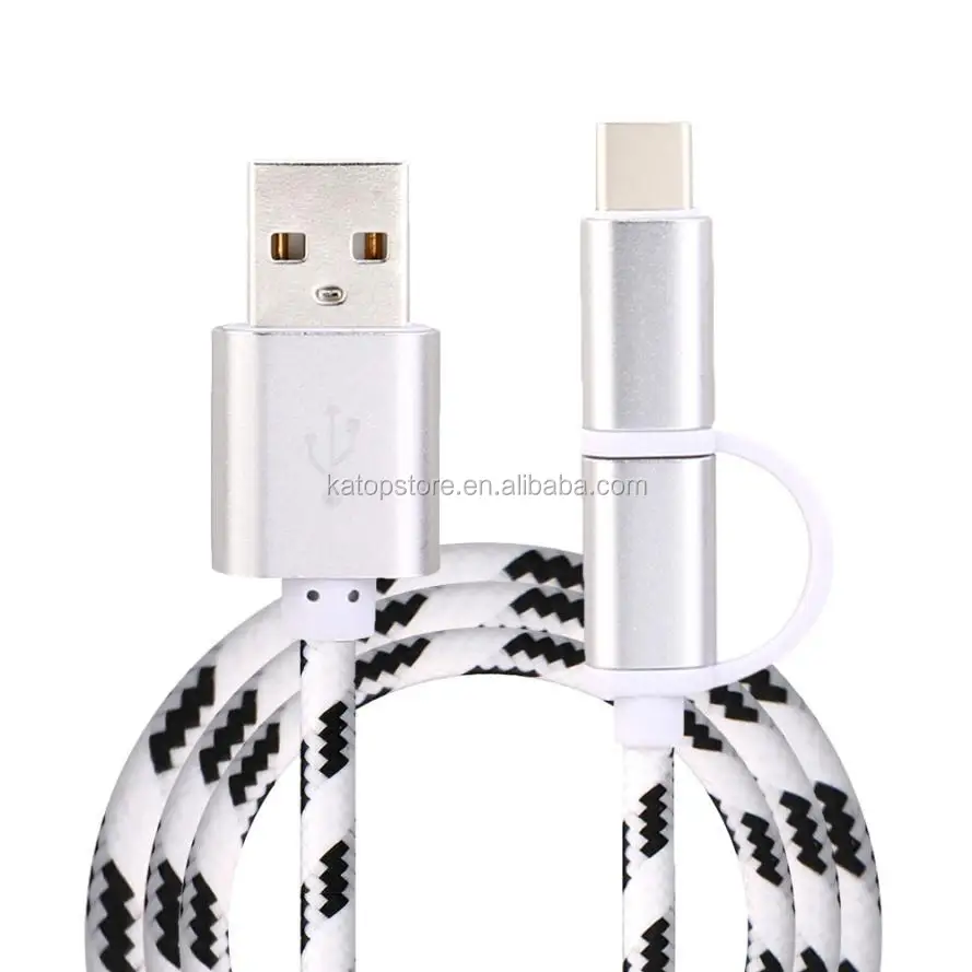 tiger line nylon material android to type-c 2 in 1 usb cable for
