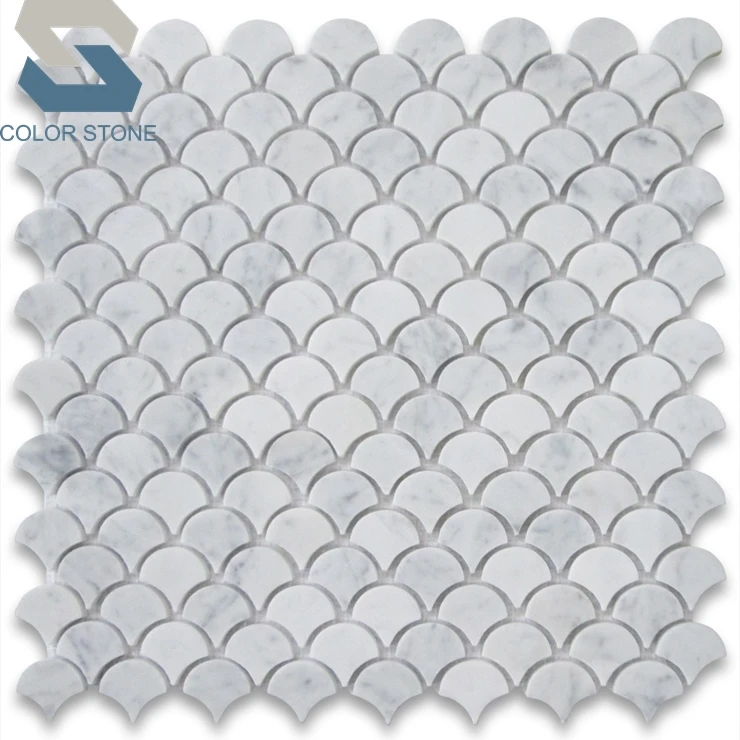 Carrara marble medium fish scale fan shaped mosaic tile backsplash