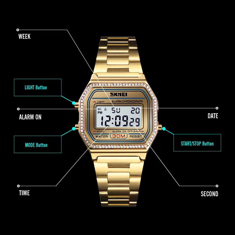 SKMEI 1474 Fashion gold color watch Women Digital 3 atm water waterproof sport wristwatch women watches reloj