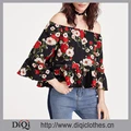 Latest designs china clothing factory wholesale girls fashion Black Flower Print Off The Shoulder Ruffle Tops