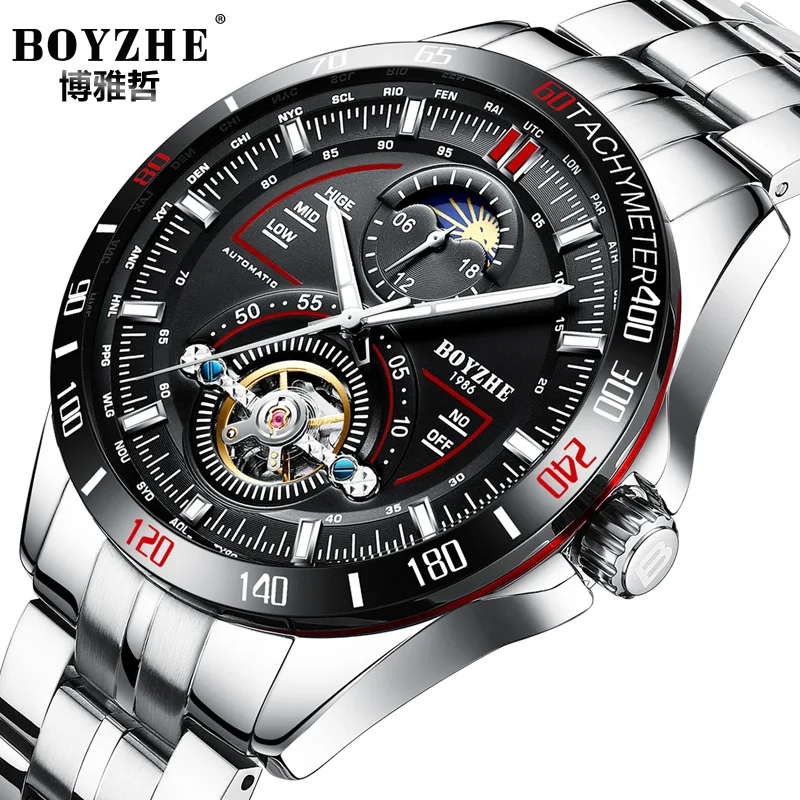 

BOYZHE Brand Mens Automatic Mechanical Luxury Watches Skeleton Tourbillon Moon Phase Stainless Steel Watch Relogio Masculino, N/a