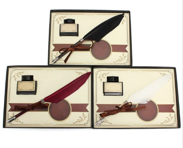 swan feather quill metal ball pen writing ink set with gift pen