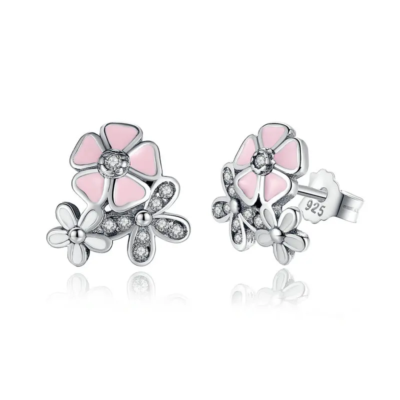 

New Trendy 925 Sterling Silver Poetic Daisy Cherry Blossom Drop Pink Flower Earrings