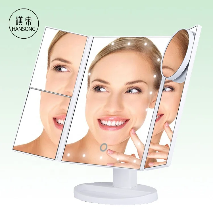 

Large LED Lighted Trifold Makeup Mirror - Battery and USB Powered - 1X 3X 5X 10X Magnification, Customized color