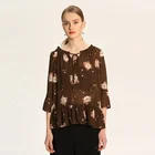 OEM popular ruffles long sleeve chiffon flower printed women's blouse & tops