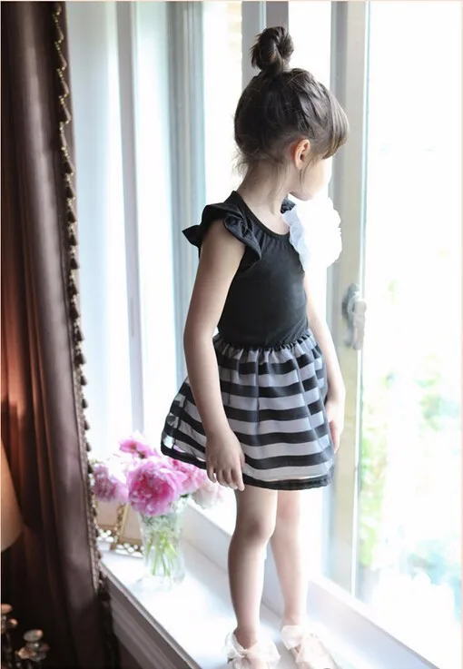 2015 summer girls dress girls princess stripe dress 3D flower color cute pageant party wedding costume kids clothing best gift