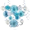 UMISS PAPER Fan with Tassel, Pom Poms, Hanging Swirl for Summer Wedding Baby Shower Blue Theme Party Decorations Factory OEM