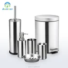 PDQ packing hotel 5pcs set stainless steel bathroom luxury accessories with pedal bin