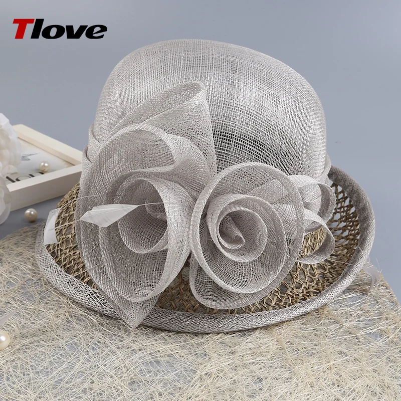 Tlove hot-selling female fascinator church hats for party and wedding, sinamay hat with feather
